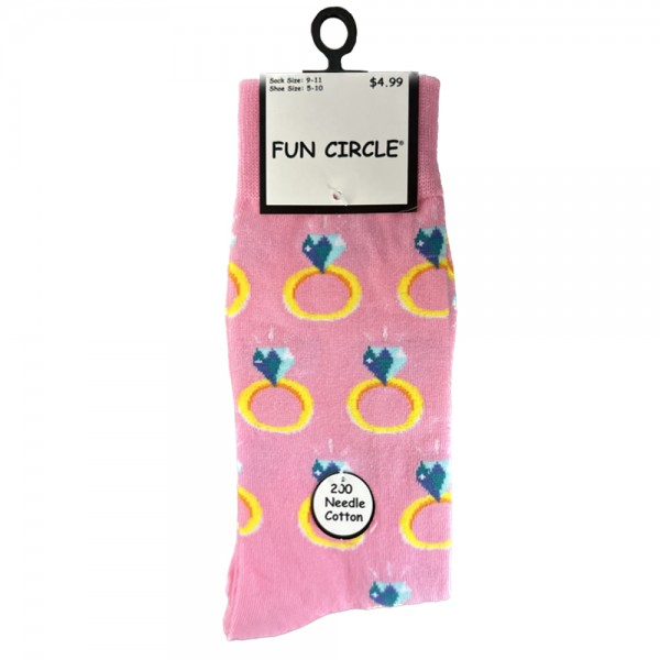 Ladies Fun Circle 200 Needle Cotton Novelty Crew Socks - Style #642NVT-499 (Diamond Ring)