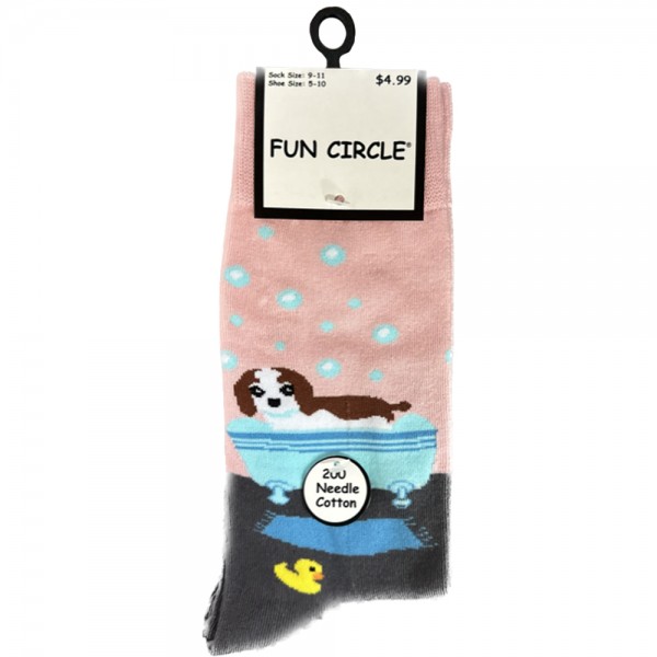 Ladies Fun Circle 200 Needle Cotton Novelty Crew Socks - Style #642NVT-499 (Dog In Tub)
