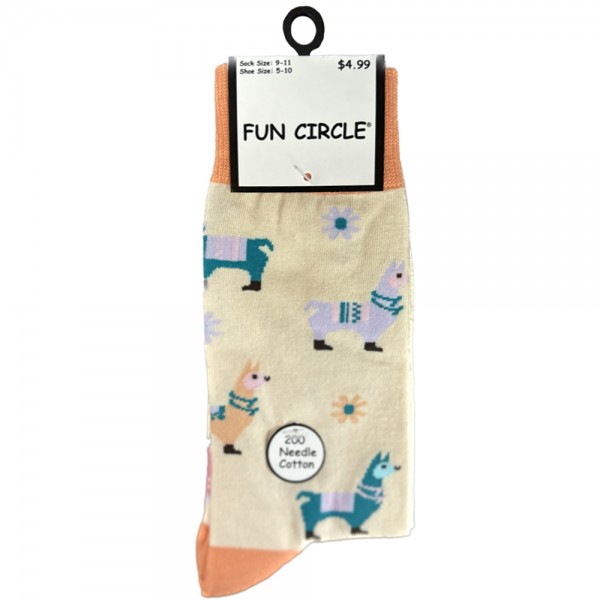 Ladies Fun Circle 200 Needle Cotton Novelty Crew Socks - Style #642NVT-499 (Llamas)