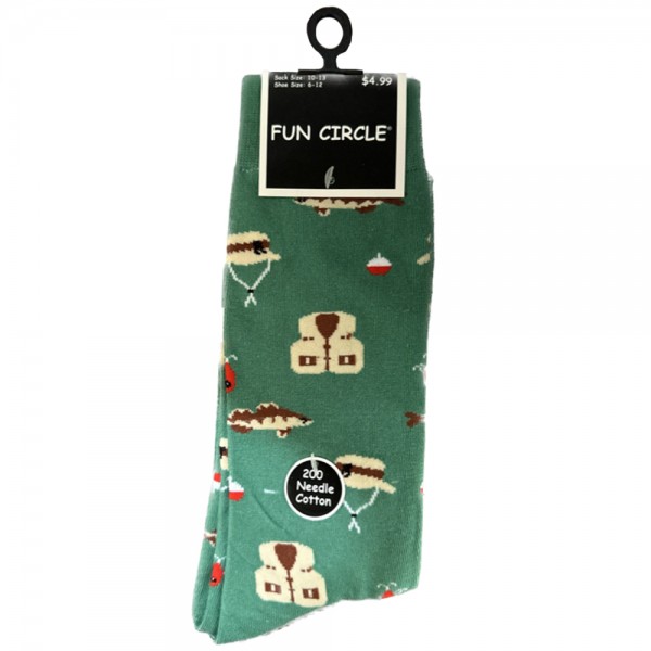 Men's Fun Circle 200 Needle Cotton Novelty Crew Socks - Style #264NVT-499 (Fishing)